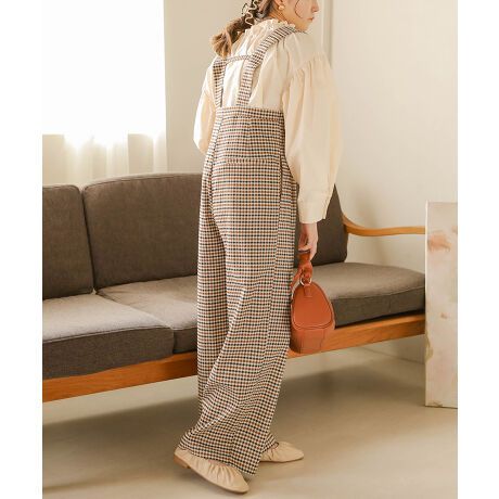 日本 Bab - 文藝少女歐風吊帶褲-格紋-卡其