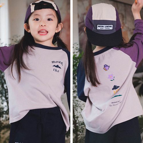 Y B S - 純棉圓領長袖上衣-蝴蝶花卉-拼色灰杏