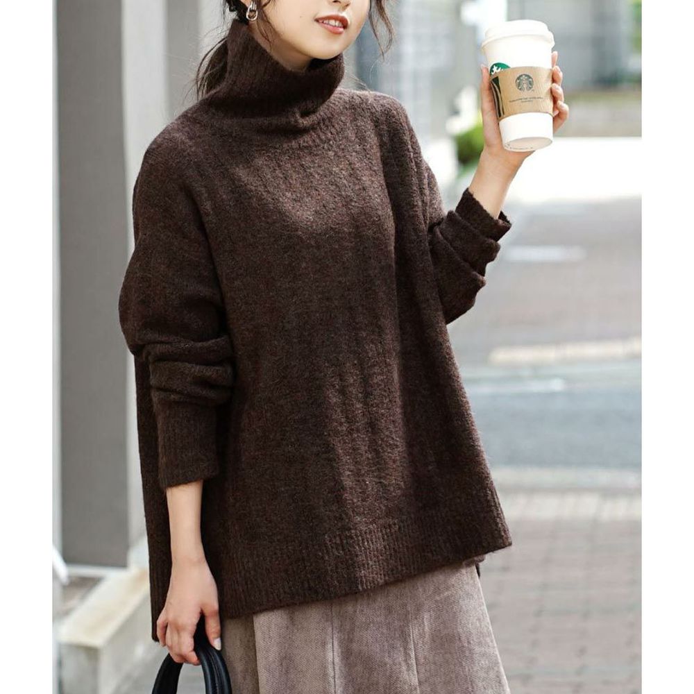 日本 zootie - 立體粗羅紋高領柔軟毛衣-咖啡