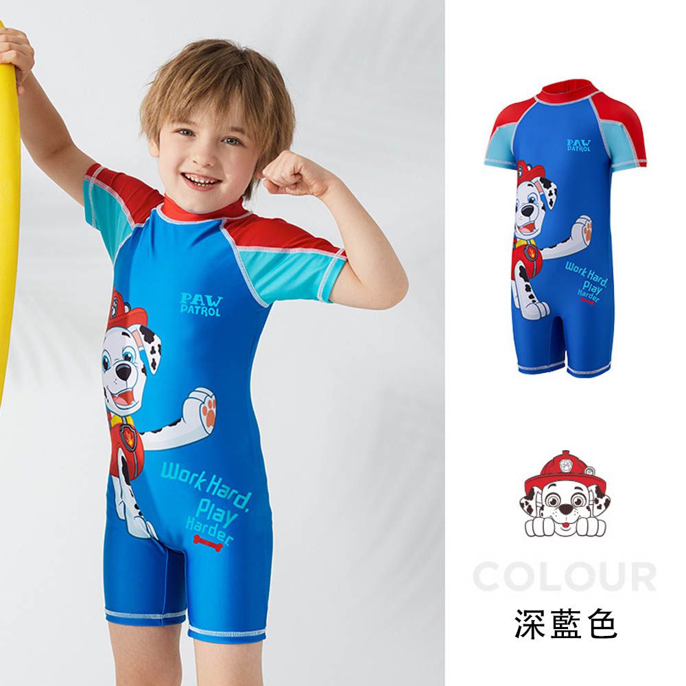 UPF50+短袖連身泳裝-卡通人物毛毛-深藍