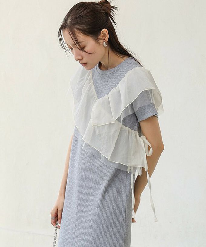 日本 Bab - 不對稱交叉薄紗拼接短袖洋裝-象牙