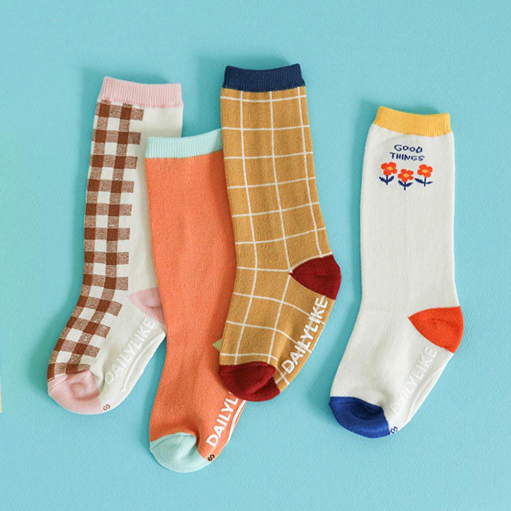 韓國 Daily Like - 兒童襪子/長筒襪4入組-格紋小花款02