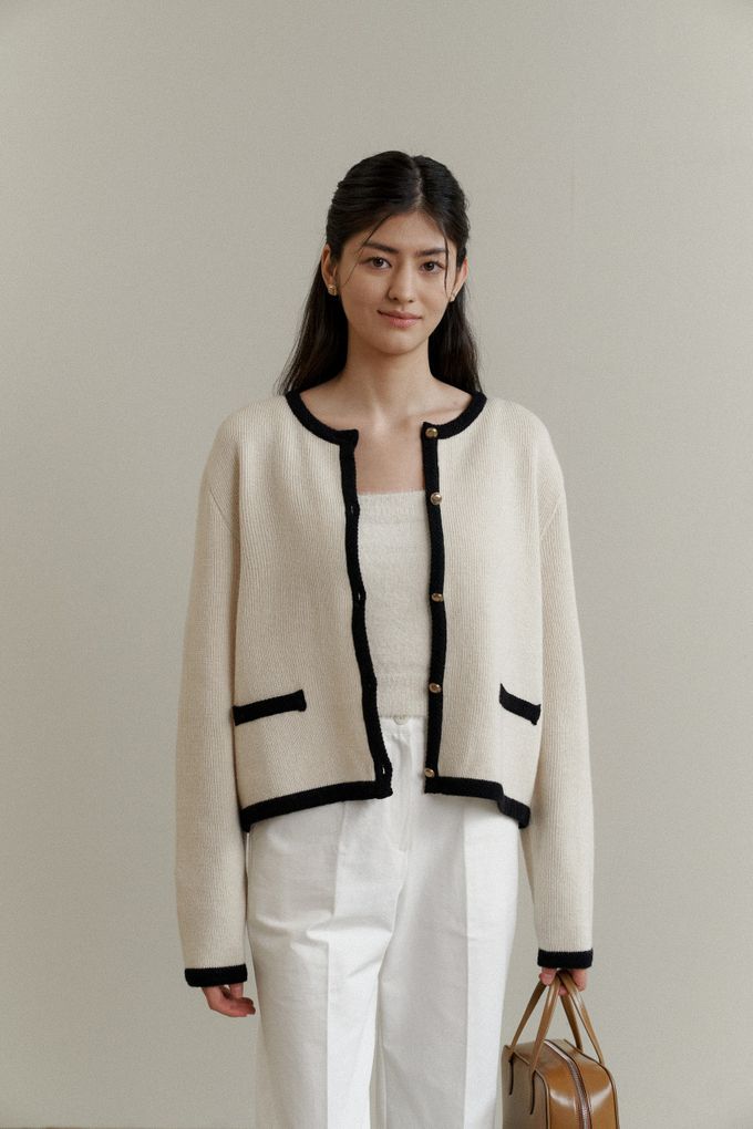 韓國女裝連線 - 百搭無領金釦針織外套-深藍 (FREE)