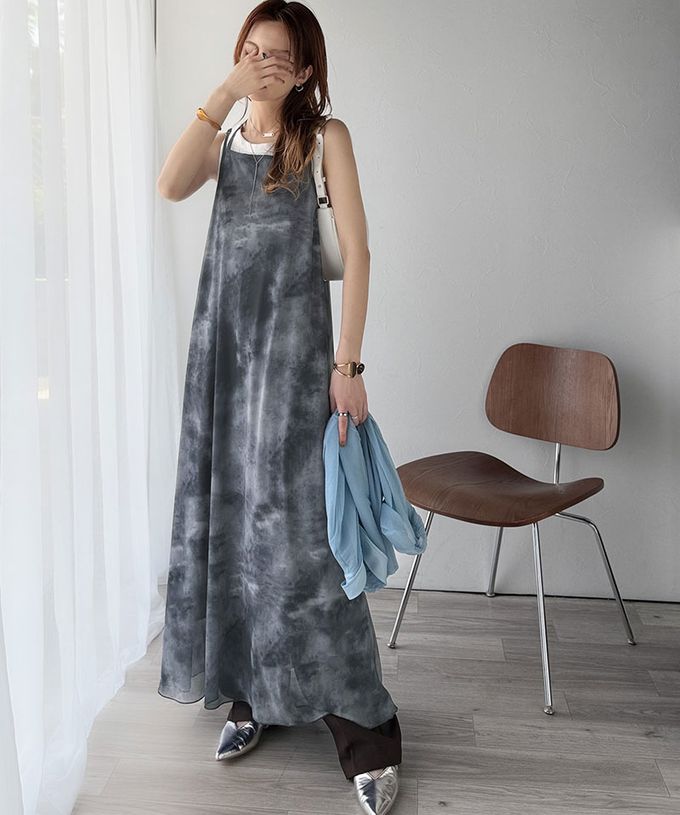 日本 Classical Elf - 2way奢華薄紗大理石印花吊帶洋裝-橙紅