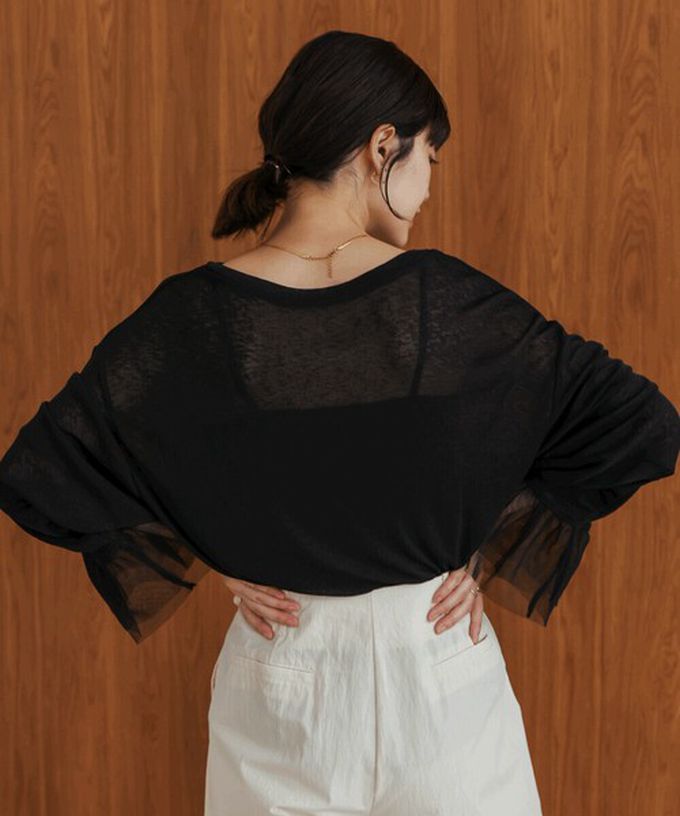 日本 Bab - 雙層薄紗拼接俏麗長袖上衣-黑