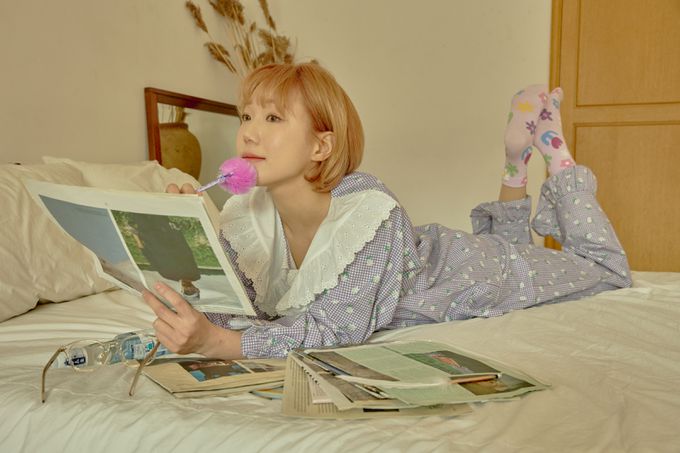 韓國 ULLALA - 細格花布裝飾長袖睡衣套裝-(兩件式)-紫 (FREE)