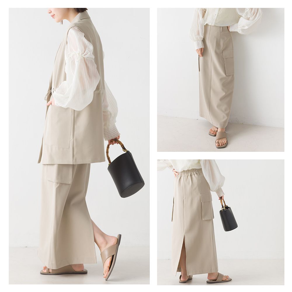 日本 OMNES - 修身後鬆緊側口袋長裙-沙杏