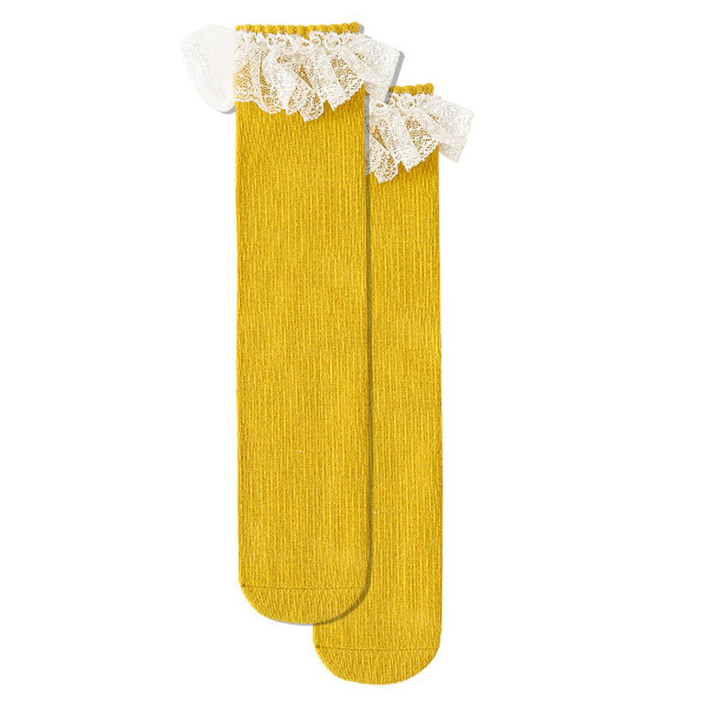 兒童高筒花邊素色襪子-薑黃 (ONE SIZE (建議腳長16-21cm))