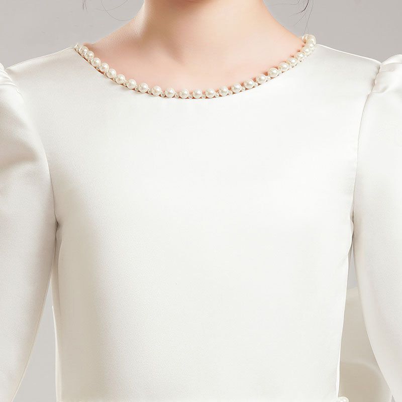 公主風緞面七分袖禮服-珍珠白