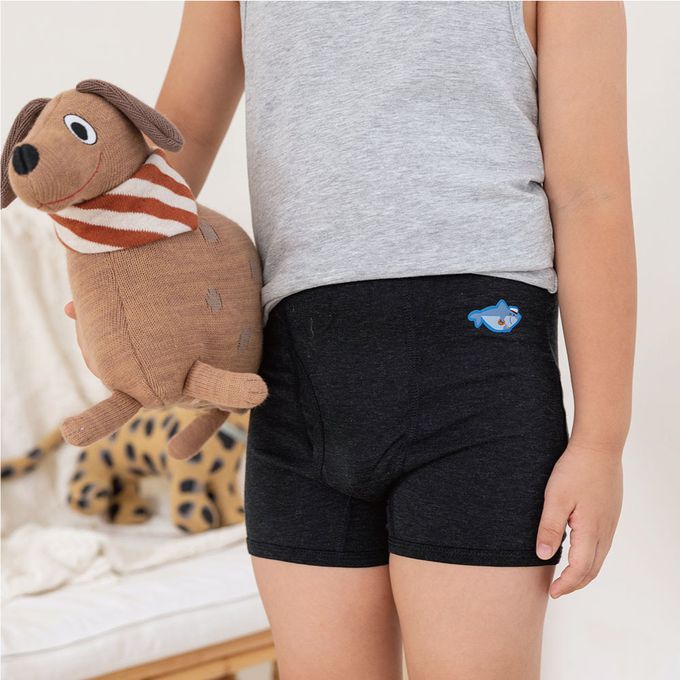 貝柔 Peilou - 天絲棉舒膚平衡童男四角褲-貼布繡-3件組-鯊魚+鱷魚+小狗-黑+灰+藍