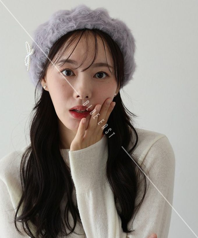 日本 BLUE EAST - 毛絨感珍珠裝飾美型貝蕾帽-白