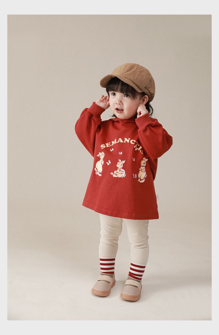 連帽寬鬆長袖帽T-可愛兔兔-紅色