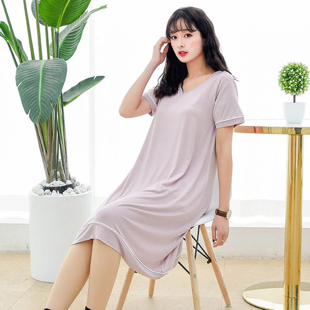 涼感莫代爾短袖Bra洋裝-裝飾滾邊-粉紫色