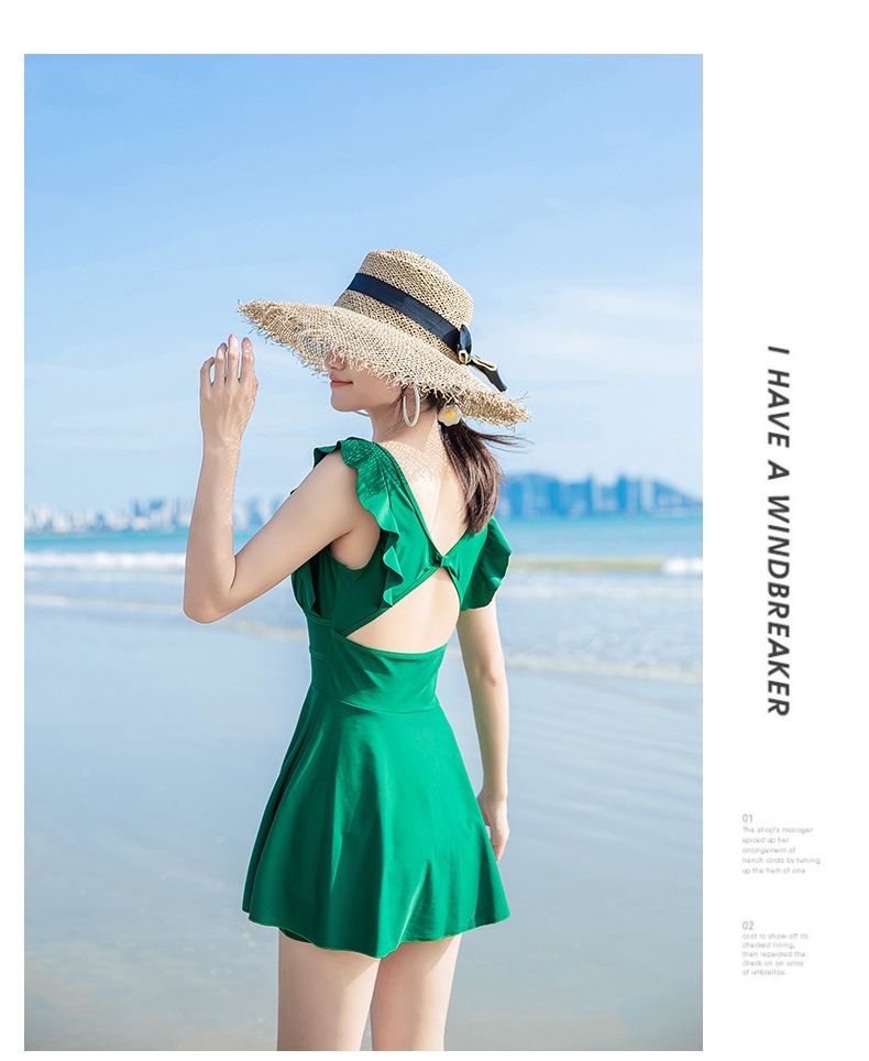 荷葉V領露背連身裙泳衣-綠色