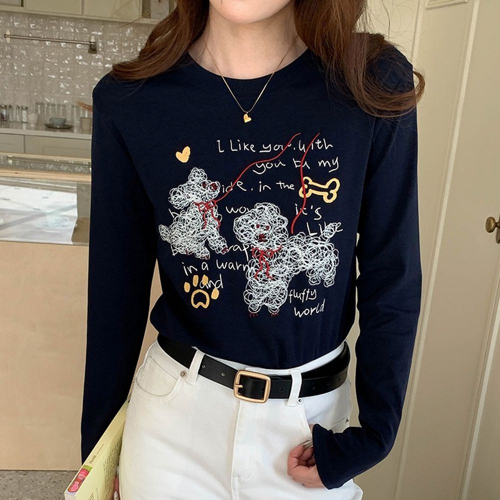 手繪捲毛狗狗插畫長袖上衣-藏青 (F)