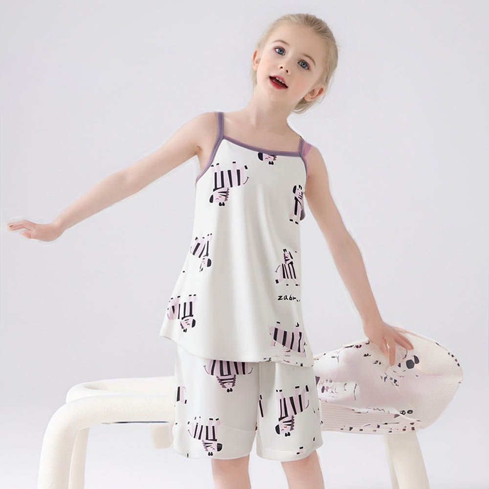 涼感莫代爾細肩帶套裝/家居服-滿版斑馬-白色