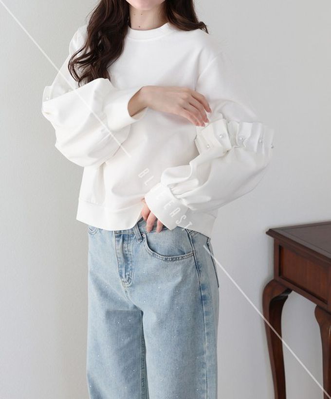 日本 BLUE EAST - 可愛珍珠皺摺造型寬版長袖上衣-淺灰