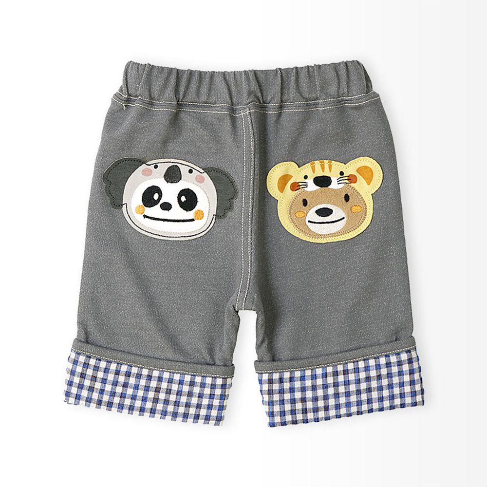 假面小熊可愛格子反摺五分褲-灰