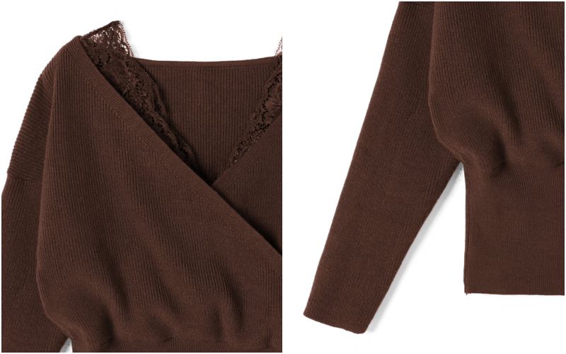 日本 GRL - 大V領蕾絲拼接針織上衣-淺米杏 (Free)