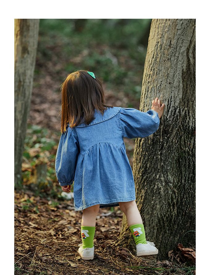 純棉百搭長袖牛仔連身裙-勤勞小蜜蜂-牛仔藍