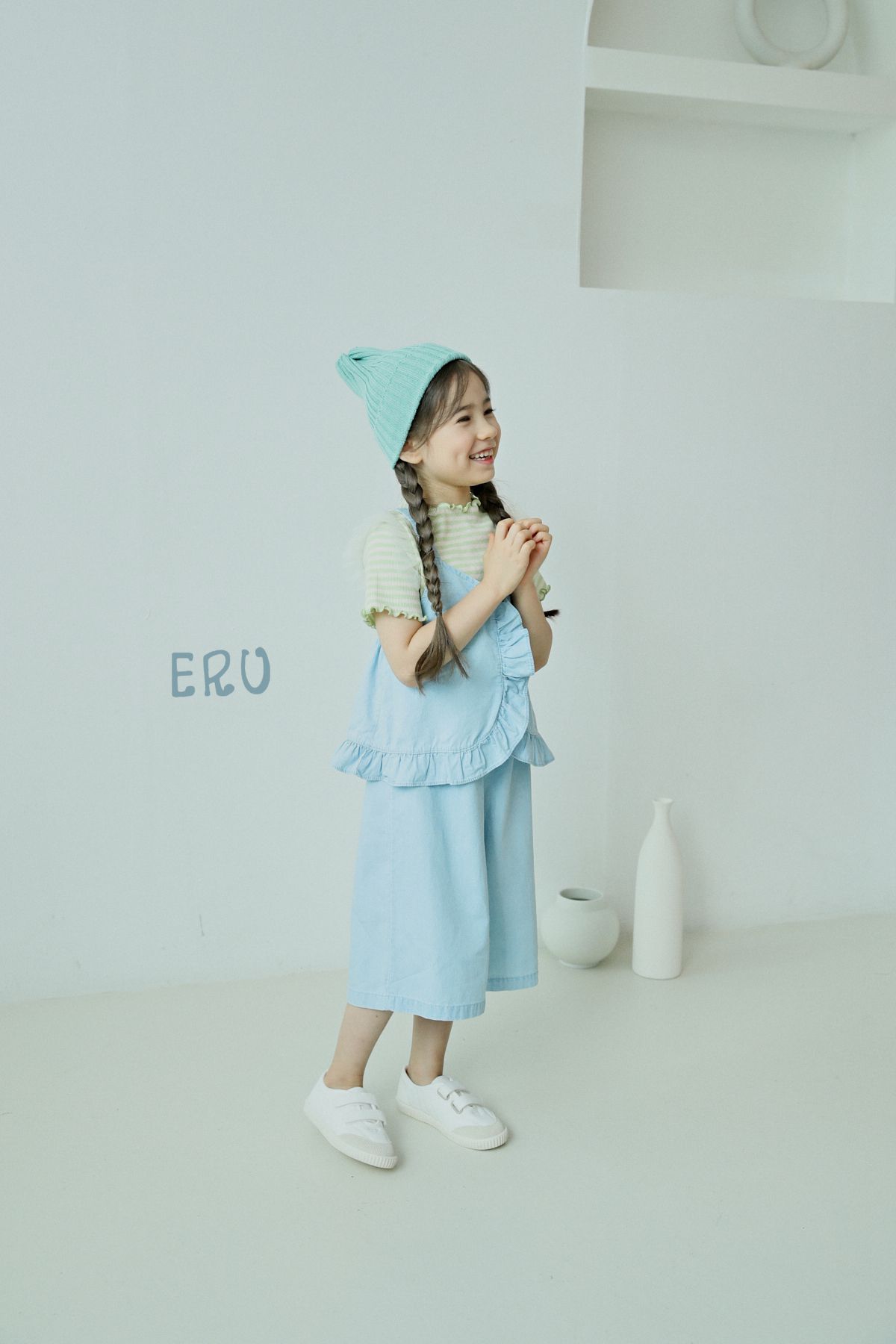 韓國 ERU - 網紗裝飾袖條紋T-紫