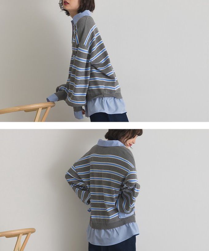 日本 ELENCARE DUE - 假二件襯衫領輕盈落肩長袖上衣-紫白條紋