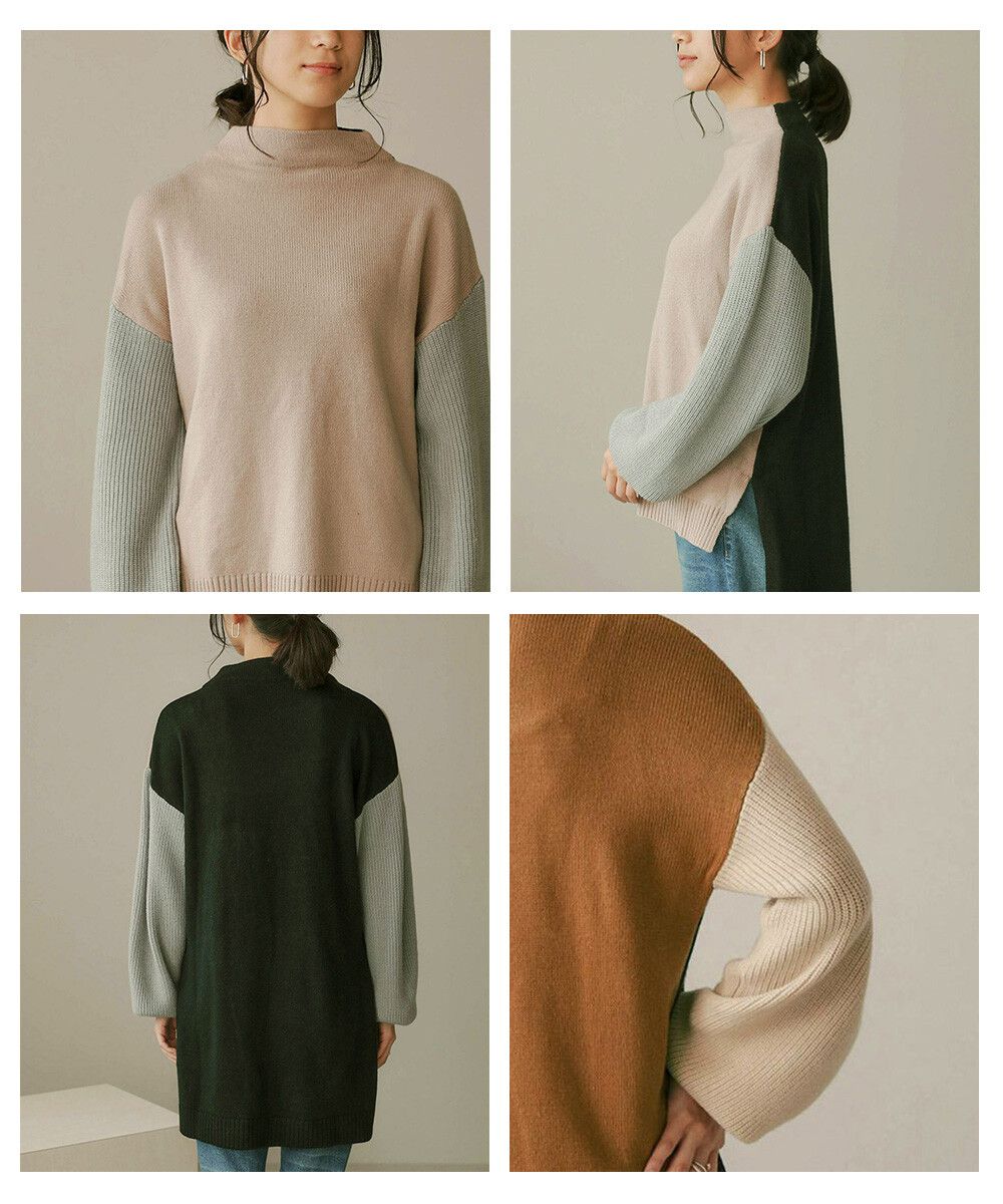 日本 Bou Jeloud - 撞色拼接前短後長立領針織毛衣-黑杏焦糖