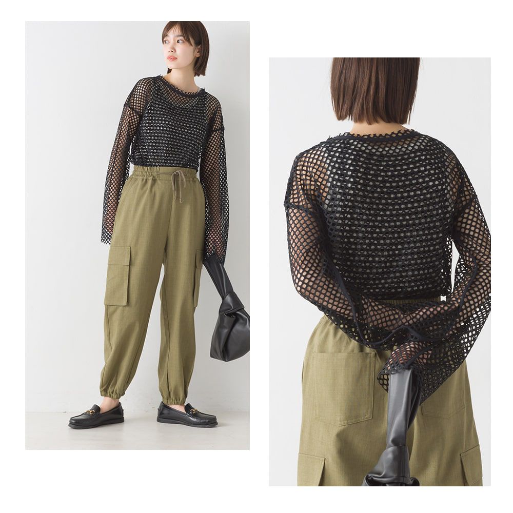 日本 OMNES - 日系鏤空漁網長袖罩衫-草地綠