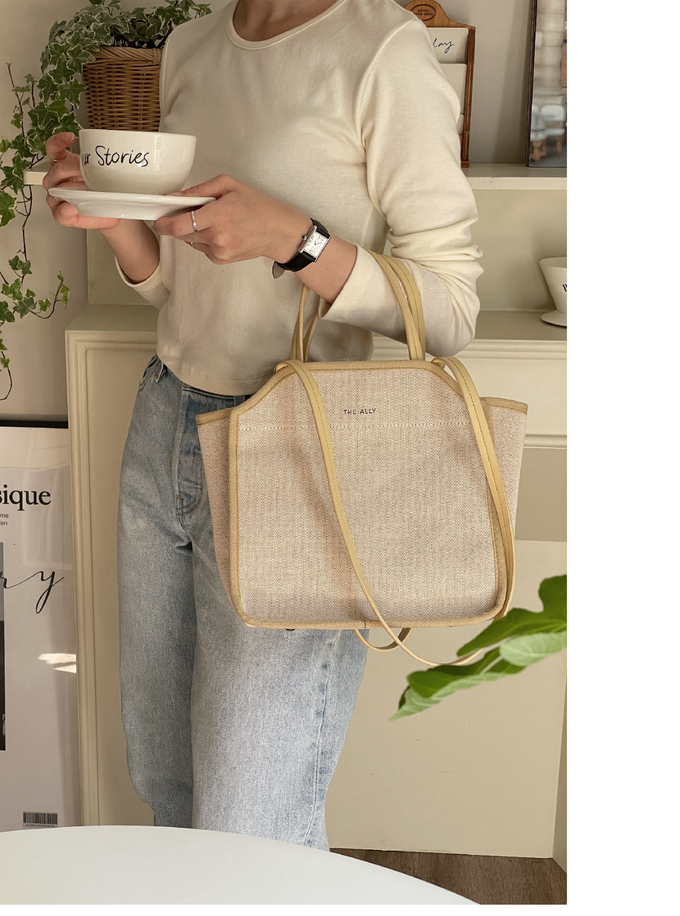 韓國 THEALLY - (附小袋)質挺帆布方包手提/肩背包-焦糖咖 (中)