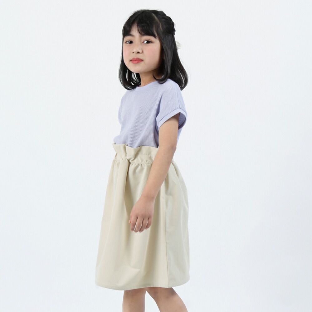 日本 evercloset - 透氣華夫格折邊拼接短袖洋裝-奶茶x粉紅