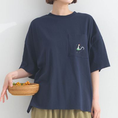 日本 Lupilien - 16支天竺棉俏皮動物刺繡寬大口袋T恤-海軍藍