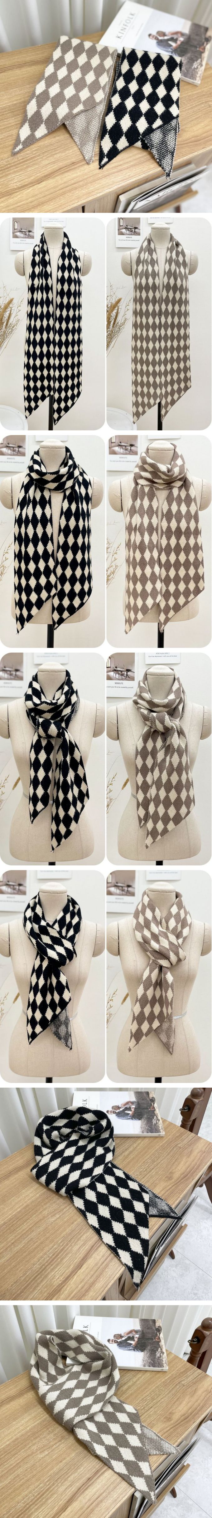 韓國 MAY - 菱形格紋雙面圍巾-灰卡其