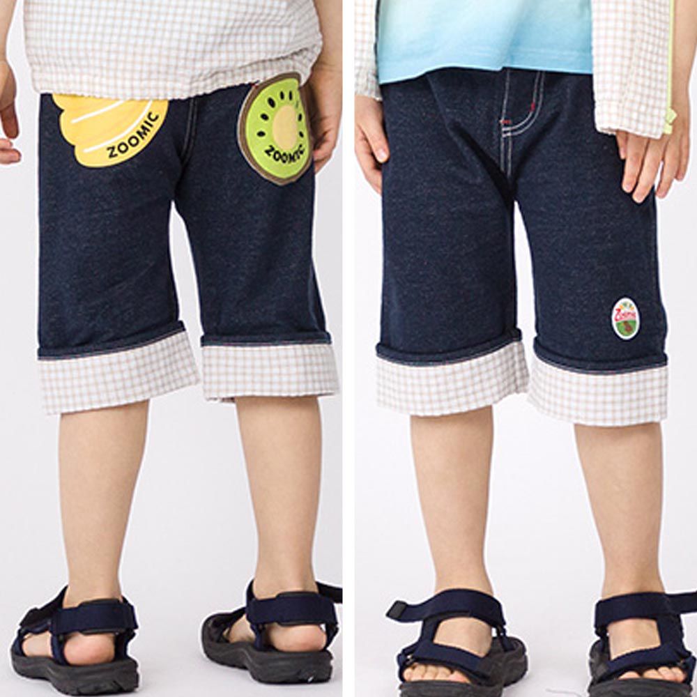 日本 ZOOLAND - 100%棉俏皮印花丹寧風短褲-反摺格子-海軍藍