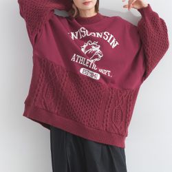 日本 Lupilien - 鬥牛犬印花粗針織拼接裏毛長袖上衣-酒紅