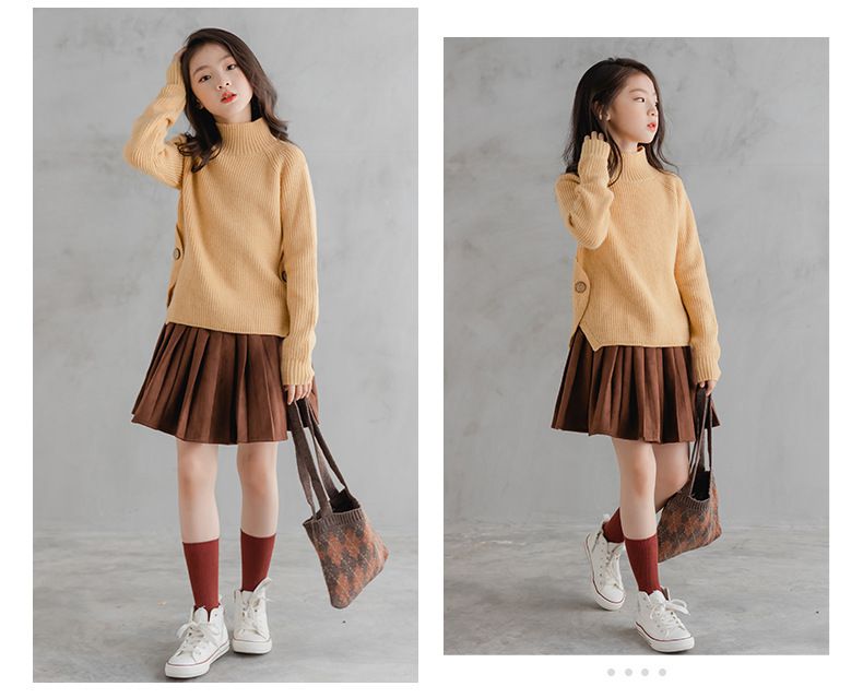 加厚半高領開衩長袖針織上衣-杏色