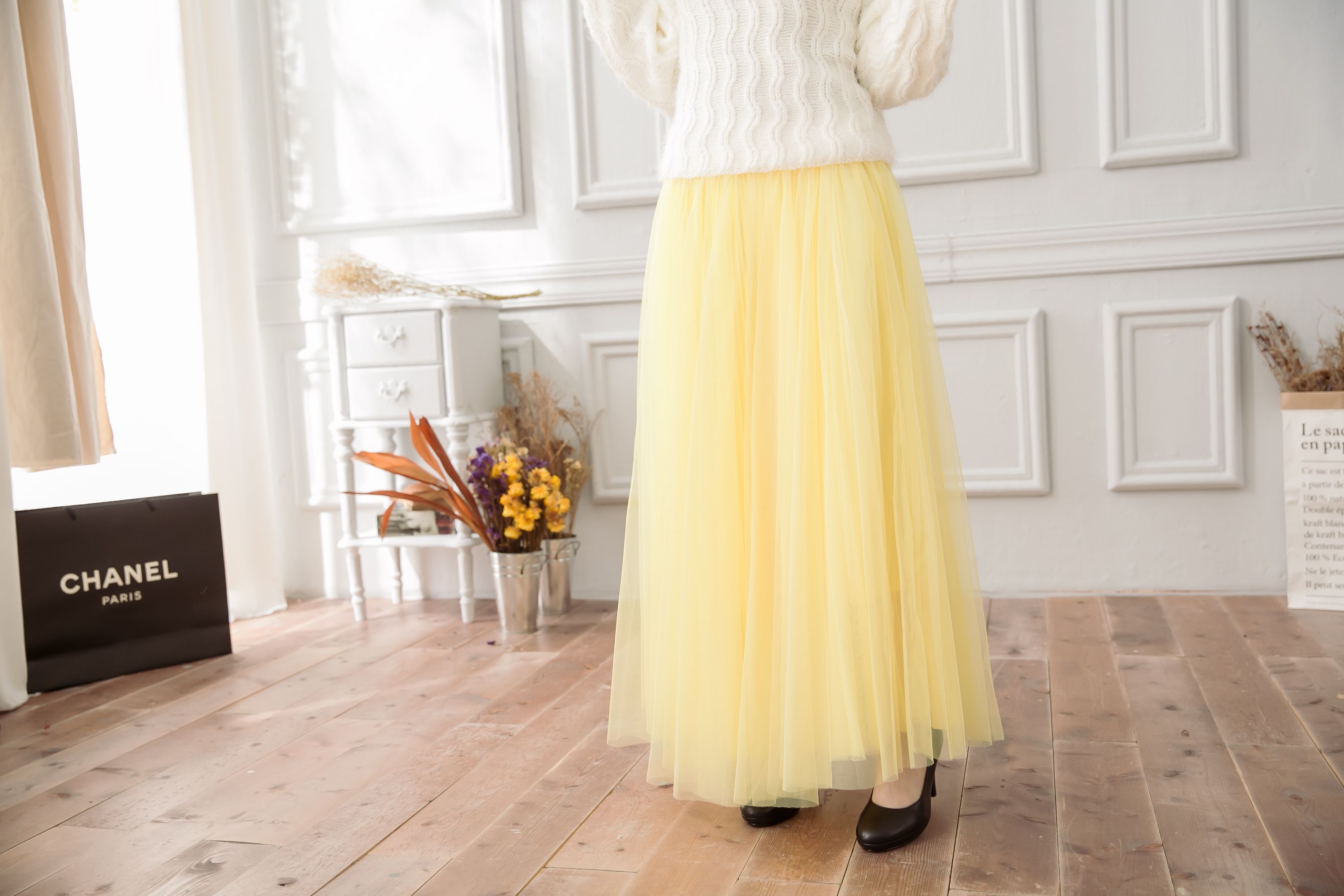 Peachy - 獨家訂製綿柔法式浪漫三層蓬紗裙-三層蓬版-嫩鵝黃 (F)