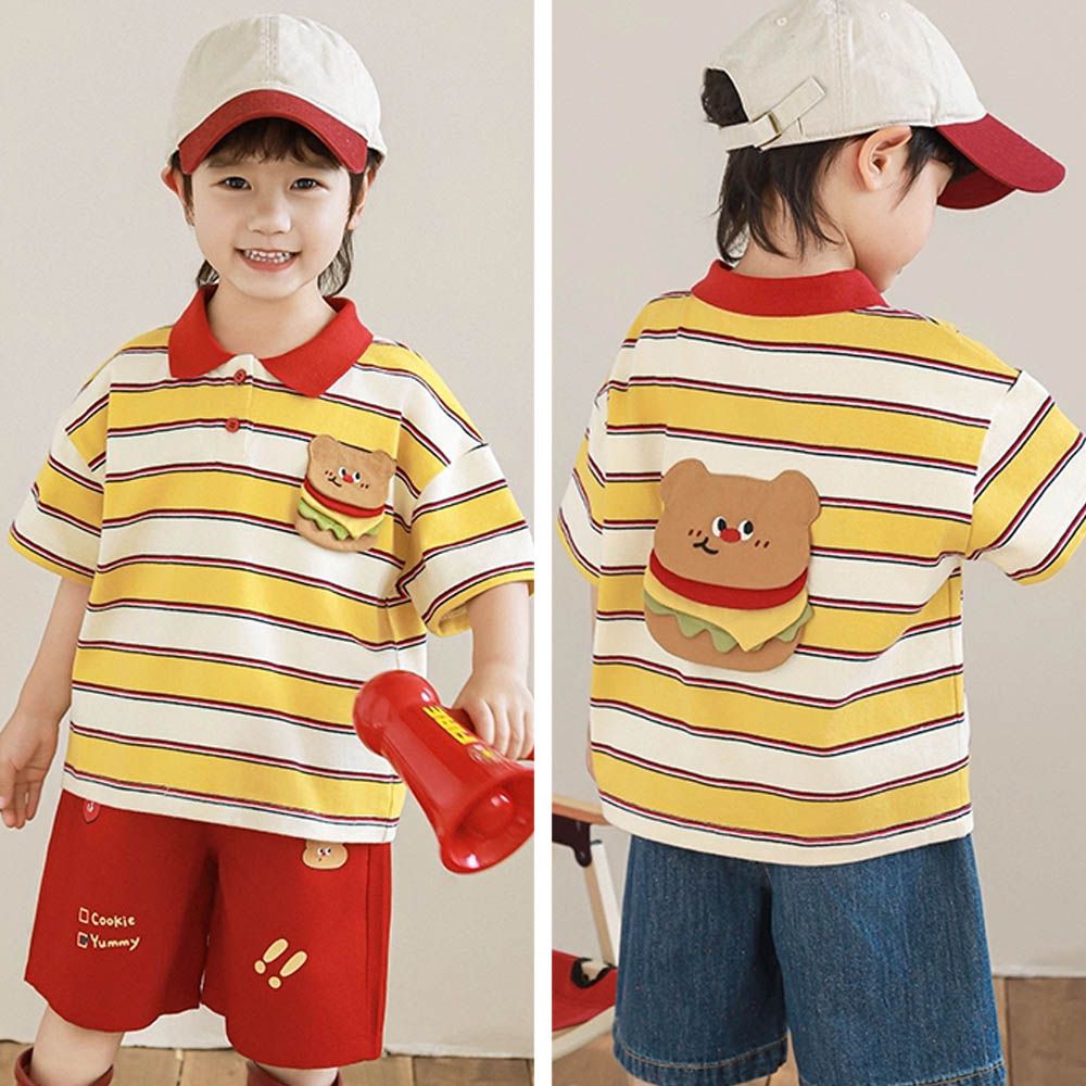 撞色翻領短袖上衣-前後立體漢堡-黃白條紋