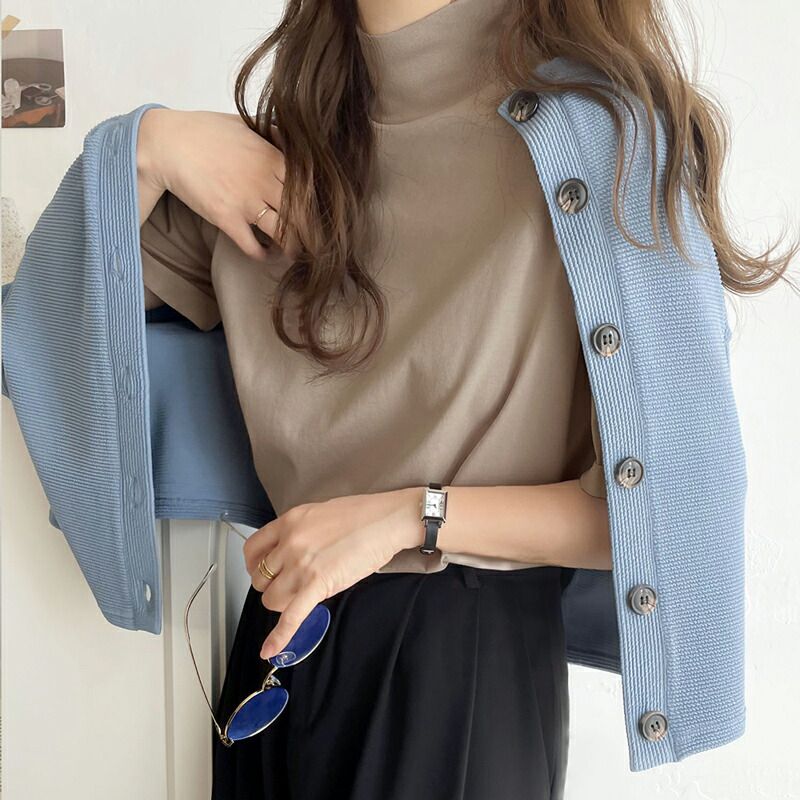 日本 Classical Elf - 知性立領柔軟五分袖上衣-淺灰