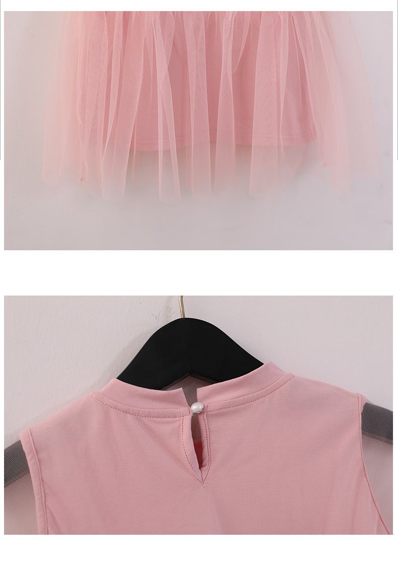 圓領短袖網紗飄飄連身裙-英文拼色愛心-粉色