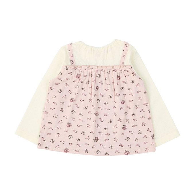 日本 ZOOLAND - 清新紋理假二件長袖上衣-小花肩帶-粉紅