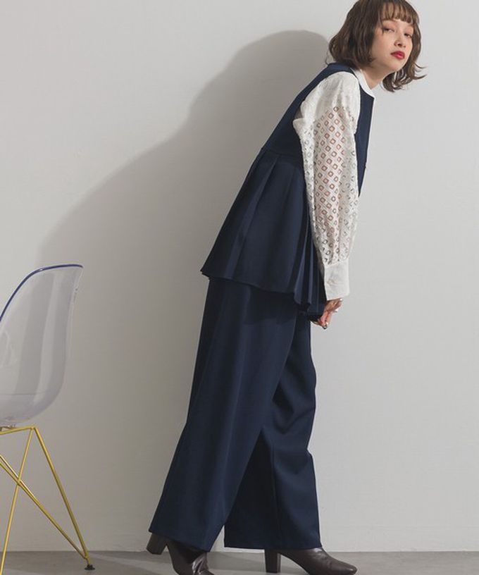 日本 ELENCARE DUE - 正式感斜紋布優雅百褶背心-海軍藍