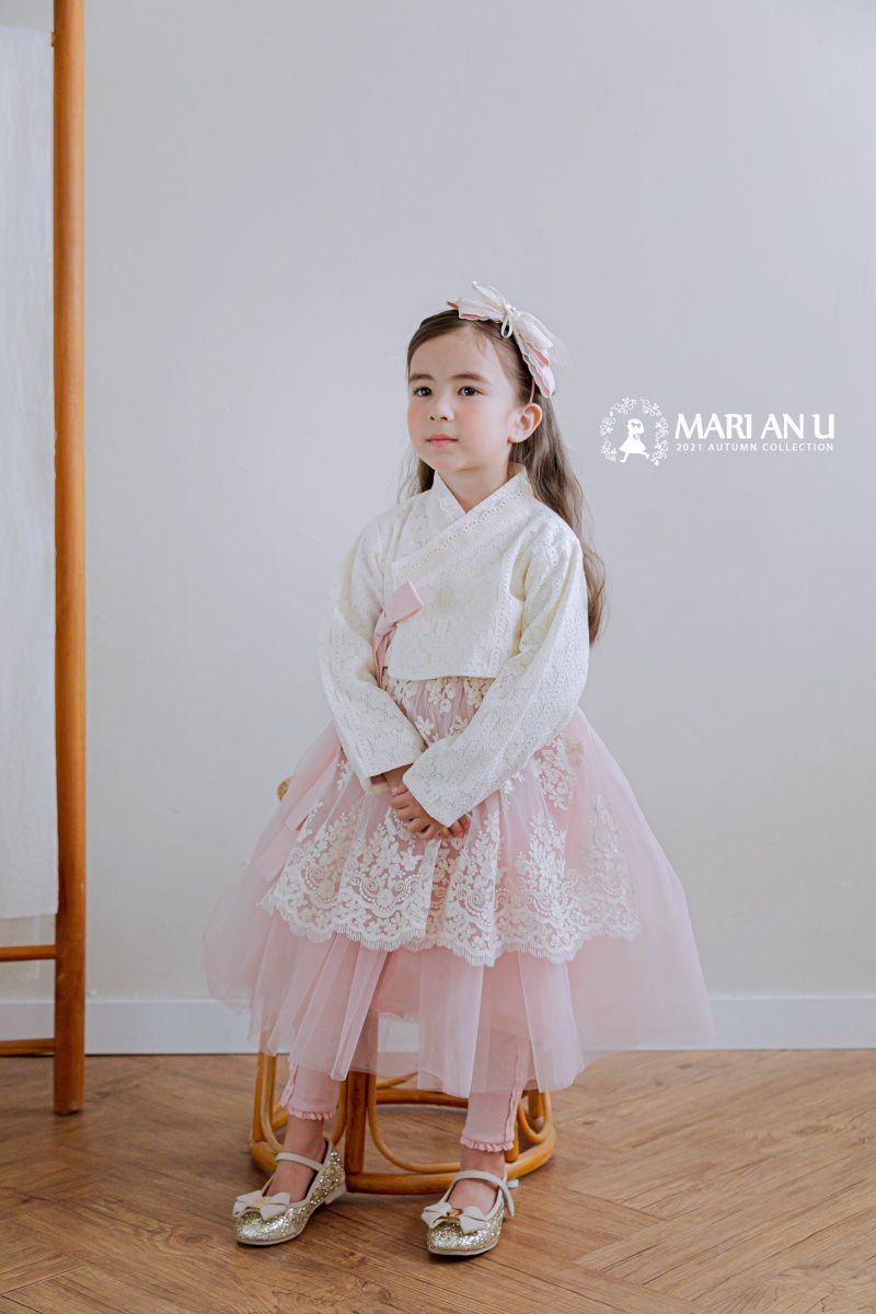 韓國 Mari an u - 透膚蕾絲裝飾網紗韓服-米白X粉紅