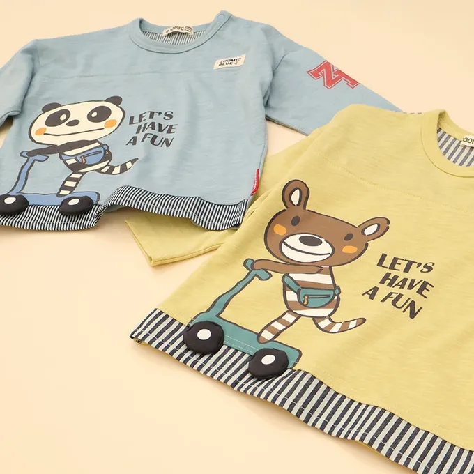 日本 ZOOLAND - 春季拼接風長袖上衣-滑板車小熊-黃