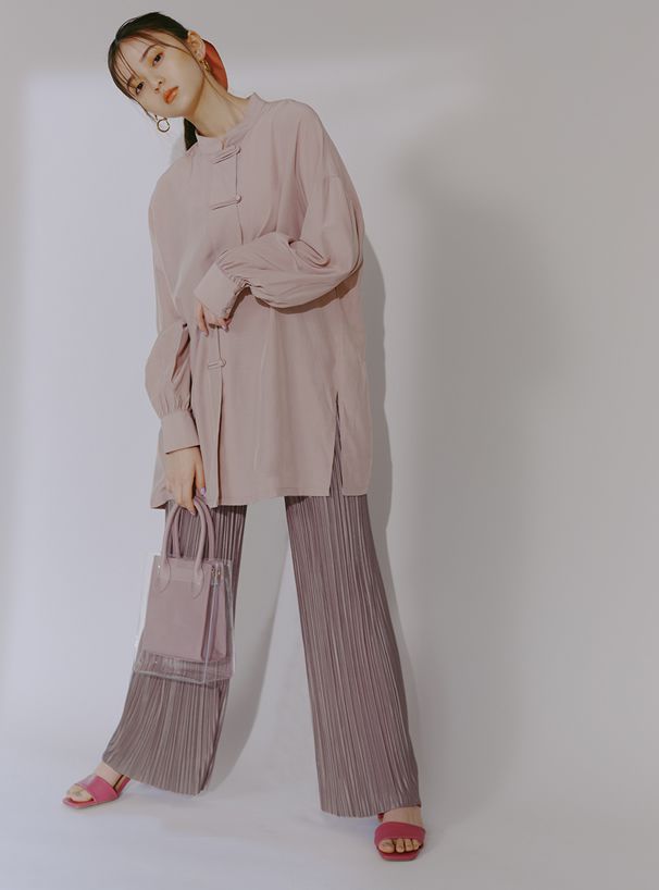 日本 GRL - 修長壓褶百搭彈性鬆緊寬褲-絢麗紫