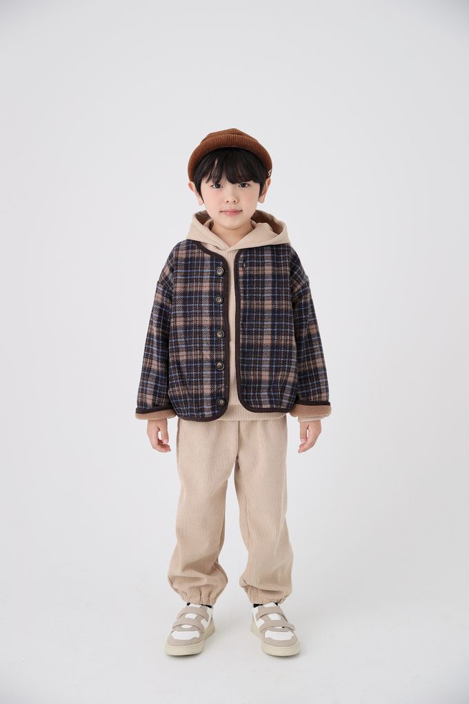 韓國 Coco Bang - 格紋毛呢感無領鈕扣外套-棕X深藍