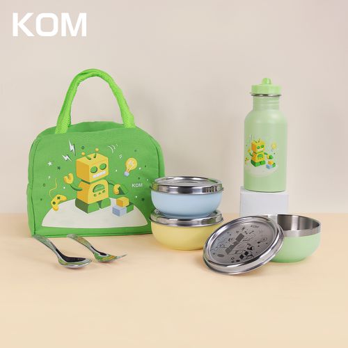 KOM - 夢想系列｜磨砂316不鏽鋼兒童隔熱碗三款各1+叉匙組+隨身瓶+便當袋-機器人