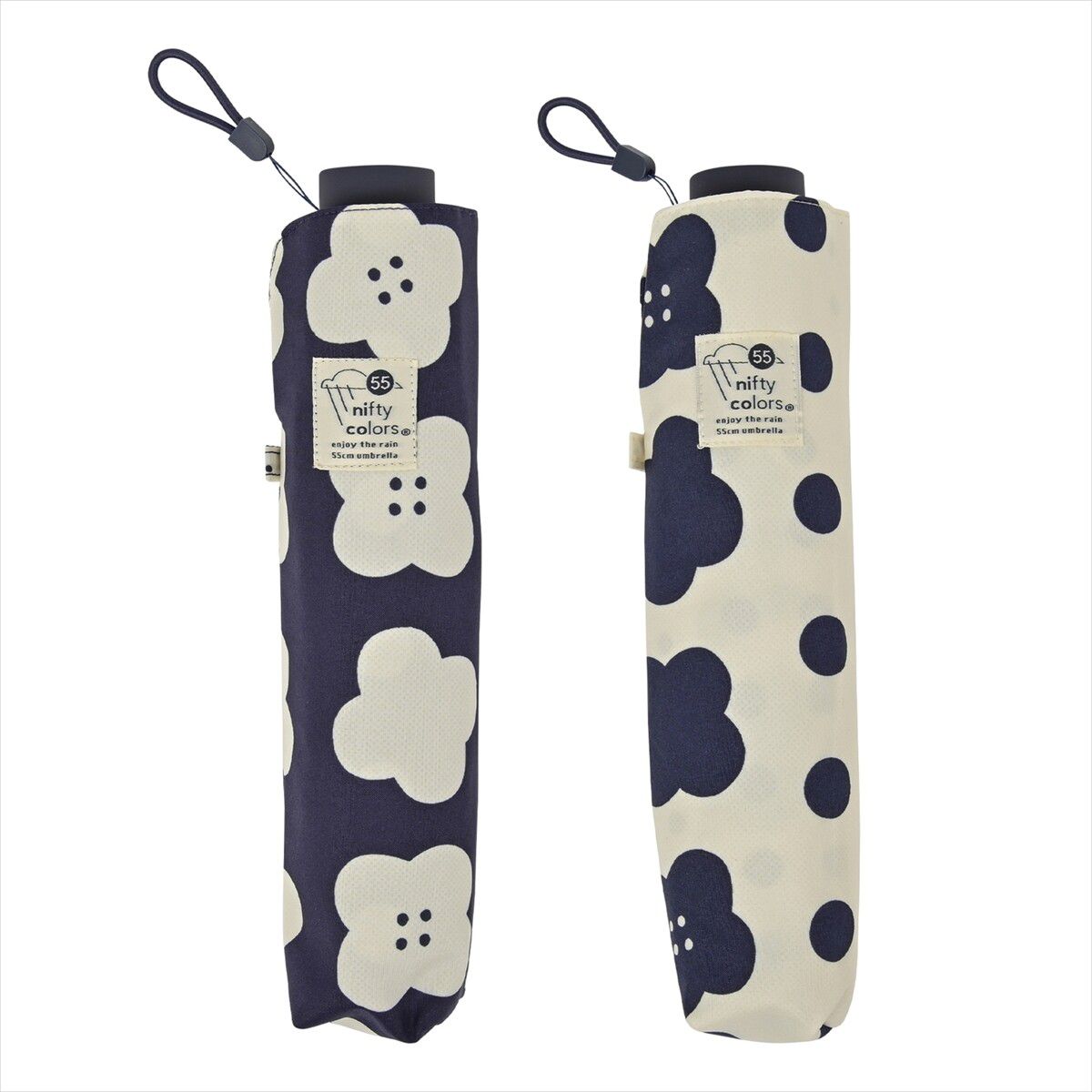 日本 nifty colors - 抗UV輕量 晴雨兩用折疊傘-點點花朵-深藍 (直徑98cm/201g)-90.0%