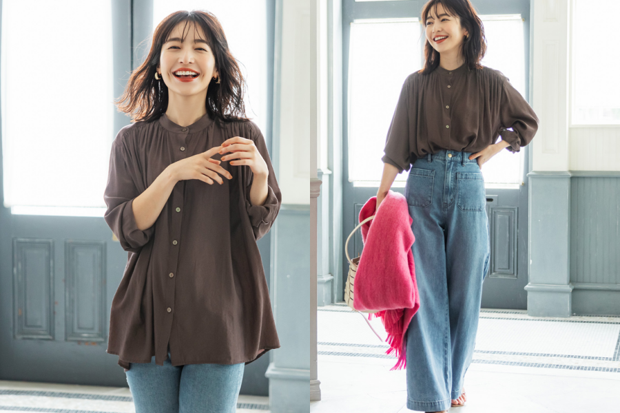 日本 COCA - 光澤感抓皺雪紡圓領長袖襯衫-紫