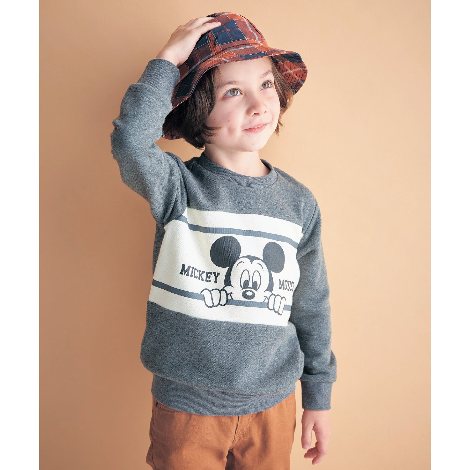 日本千趣會 - 迪士尼裏毛長T-米奇探頭-撞色灰米