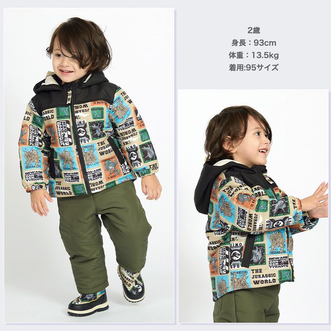 日本 ZOOLAND - 潑水加工 防寒玩雪連帽鋪棉外套-彩色恐龍徽章-黑